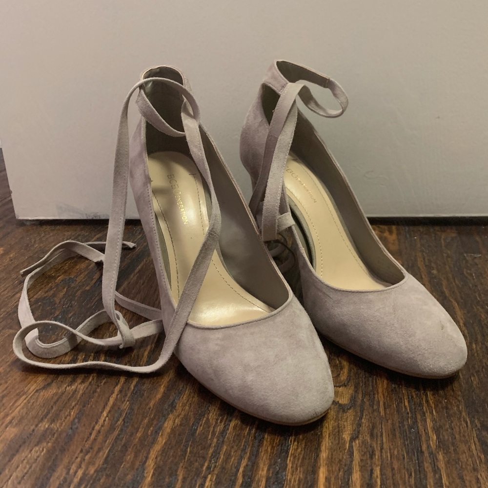 tan suede wrap heals/ tie up beige 3in